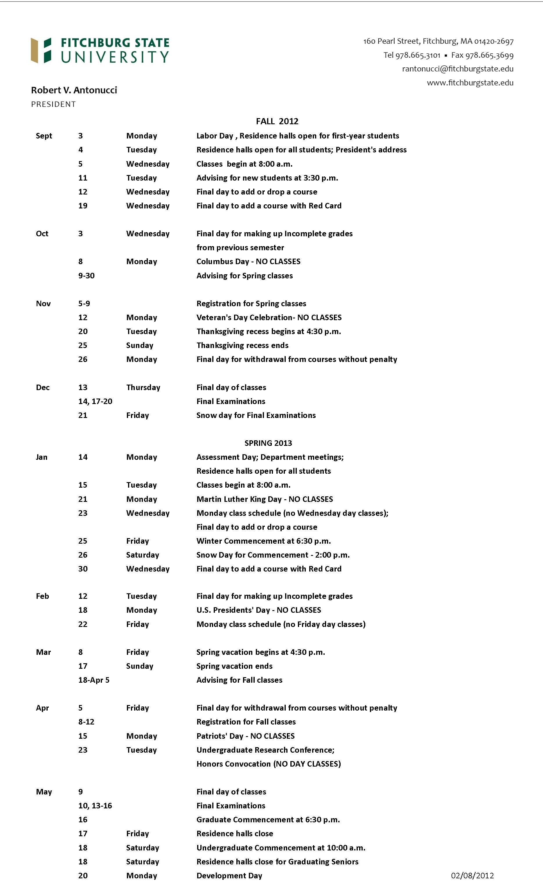 Academic Calendars - Fitchburg State University - Acalog ACMS™