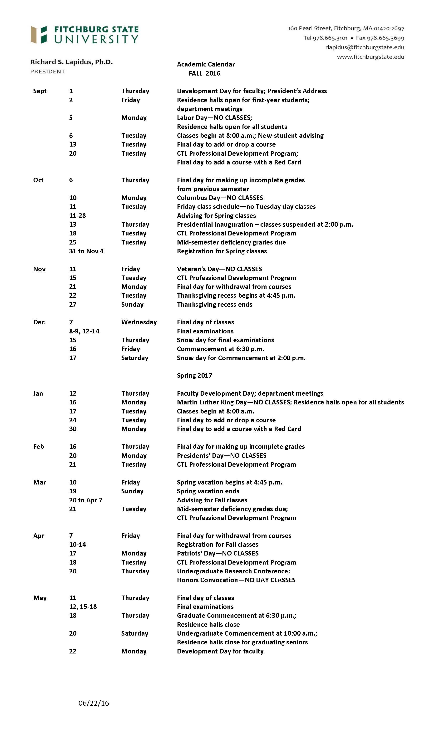 Academic Calendars - Fitchburg State University - Acalog ACMS™