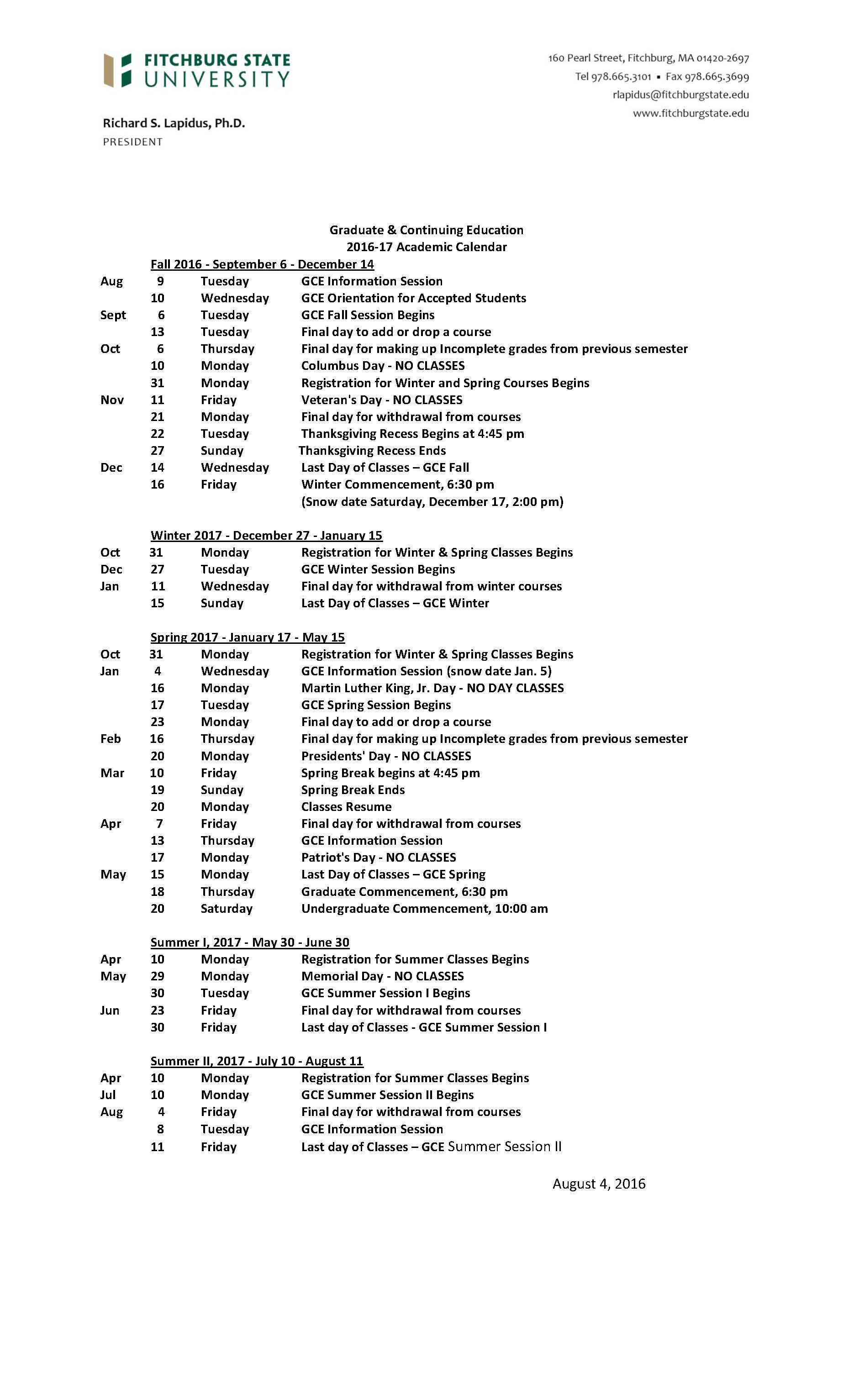 Academic Calendars - Fitchburg State University - Acalog ACMS™